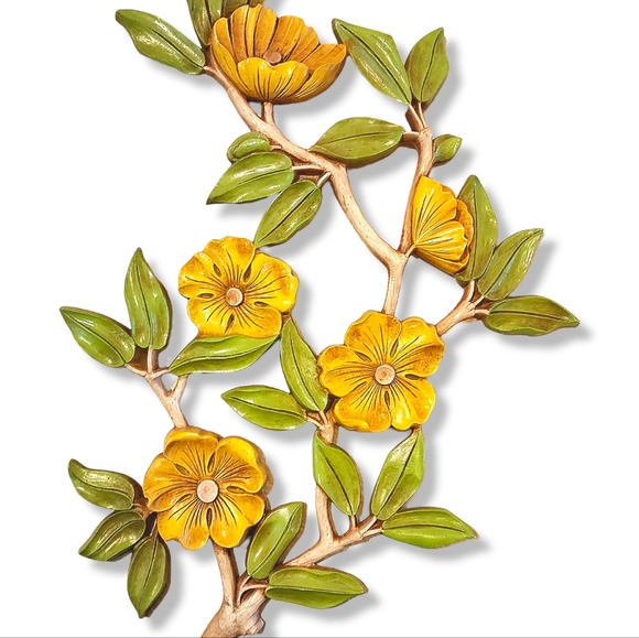 Large Vintage dart Syroco yellow and green cherry blossom wall décor - Picture 6 of 10